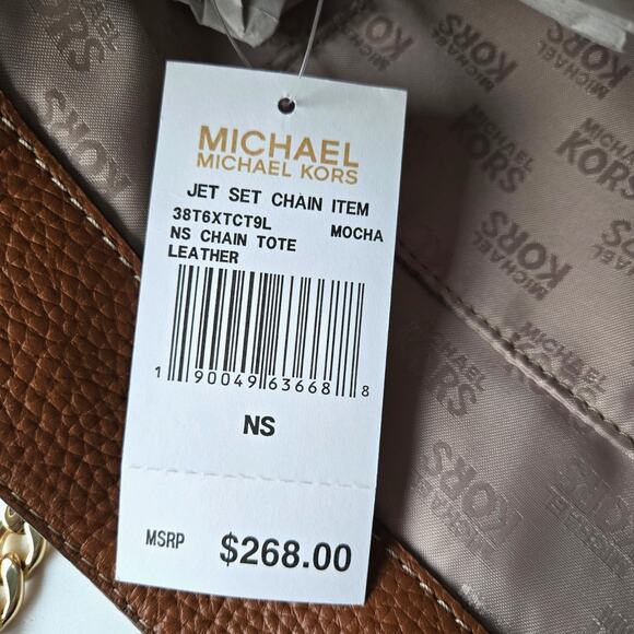 Michael Kors NEW Jet Set Pebbled Leather Mocha Brown Tan Tote Bag Gold Chain NWT - Picture 11 of 15